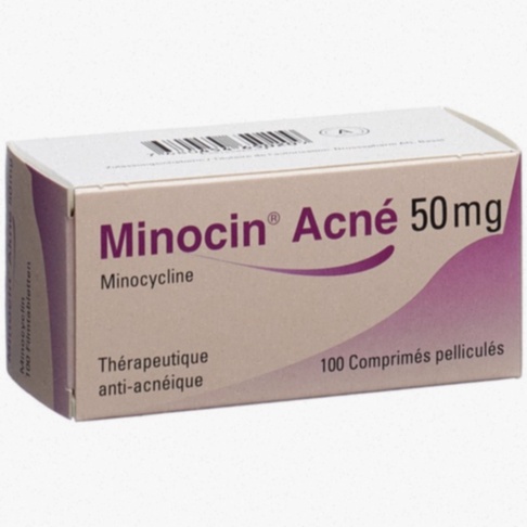 Achat Minomycin - Boîte de comprimés et illustration bactéries